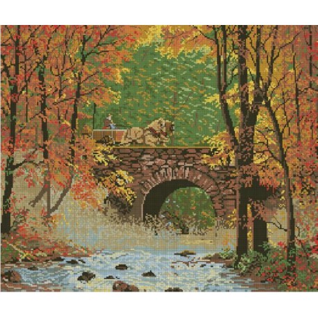 Осениий мост Алмазная вышивка (мозаика) с рамкой Цветной