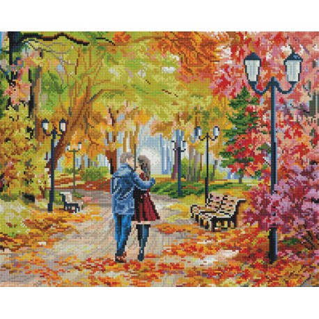 Осенний парк, скамейка, двое Алмазная вышивка мозаика на подрамнике Белоснежка