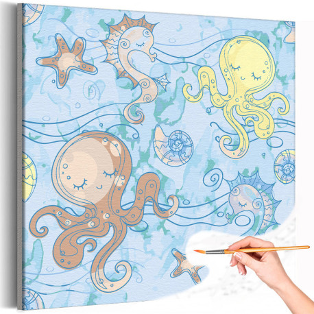 Осьминоги и морские коньки в море Для детей Детские Для девочек Животные Раскраска картина по номерам на холсте