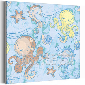 Осьминоги и морские коньки в море Для детей Детские Для девочек Животные 100х100 Раскраска картина по номерам на холсте