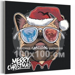 Мопс в новогоднем колпаке и стерео очках Новый год Рождество Пес собака Животные 100х100 Раскраска картина по номерам на холсте