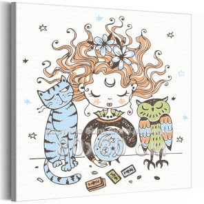 Маленькая волшебница с кошкой и совой Для детей Детские Для девочек Дети Кот Котик Птицы Животные 80х80 Раскраска картина по ном