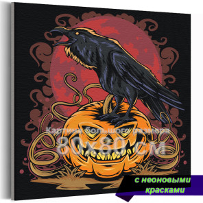 Ворон на тыкве Happy Halloween Хэллоуин Птицы 80х80 Раскраска картина по номерам на холсте