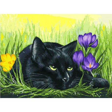 Кот и крокусы Раскраска картина по номерам акриловыми красками на холсте Белоснежка
