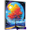 Дерево на фоне луны Ночь Природа Пейзаж Растения Яркая Осень 80х100 Раскраска картина по номерам на холсте с неоновой краской