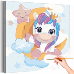 Единорог в короне на месяце Коллекция Сute unicorn Животные Для детей Детские Для девочек Раскраска картина по номерам на холсте