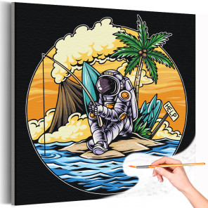 Космонавт с удочкой нa острове Космос Люди Для мальчиков Лето Море Океан Рыбалка Раскраска картина по номерам на холсте