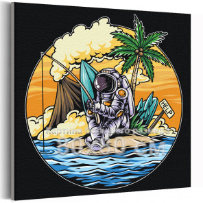 Космонавт с удочкой нa острове Космос Люди Для мальчиков Лето Море Океан Рыбалка 80х80 Раскраска картина по номерам на холсте