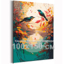 Природа на рассвете Осень Птицы Вода Листья Пейзаж Закат Озеро 100х150 Раскраска картина по номерам на холсте