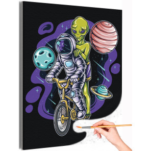 Космонавт с инопланетянином на велосипеде Люди Планеты Звезды Раскраска картина по номерам на холсте