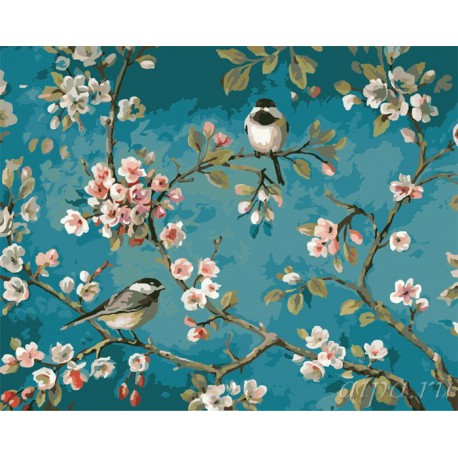 Птички на цветущей яблоне Раскраска (картина) по номерам акриловыми красками на холсте