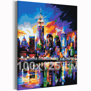 Красочный закат над городом Нью-Йорк Лофт 100х125 Раскраска картина по номерам на холсте с неоновыми красками