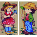 Девочка с голубыми цветами и мальчик Канва жесткая с рисунком для вышивки Gobelin L