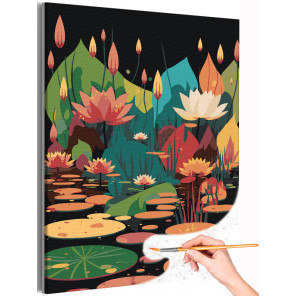 Волшебные лотосы Цветы Лилии Озеро Вода Интерьерная Яркая Раскраска картина по номерам на холсте