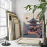 Красное солнце Японии Природа Дома Пейзаж Горы Закат 60х80 Раскраска картина по номерам на холсте