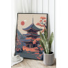 Красное солнце Японии Природа Дома Пейзаж Горы Закат 75х100 Раскраска картина по номерам на холсте