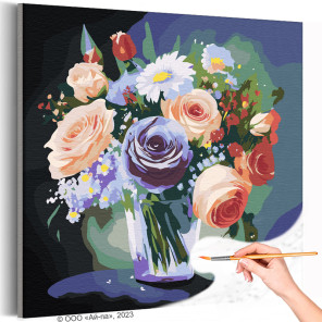 Букет с розами в вазе Цветы Натюрморт Интерьерная Раскраска картина по номерам на холсте