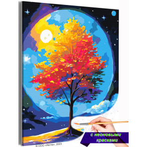 Дерево на фоне луны Ночь Природа Пейзаж Растения Яркая Осень Раскраска картина по номерам на холсте с неоновой краской