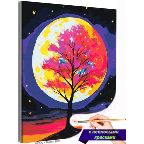 Красное дерево на фоне луны Ночь Природа Пейзаж Растения Яркая Осень Раскраска картина по номерам на холсте с неоновой краской