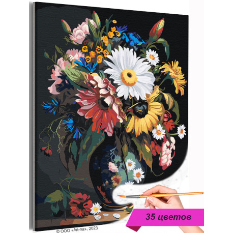 Натюрморт с яркими цветами Букет в вазе Подсолнухи Интерьерная Раскраска картина по номерам на холсте