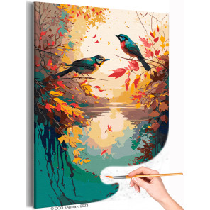 Природа на рассвете Осень Птицы Вода Листья Пейзаж Закат Озеро Раскраска картина по номерам на холсте
