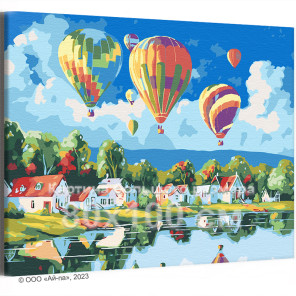 Воздушные шары над рекой и домами Пейзаж Природа Лето 80х100 Раскраска картина по номерам на холсте