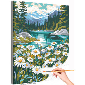 Ромашки на берегу горного озера Пейзаж Природа Цветы Лето Вода Раскраска картина по номерам на холсте