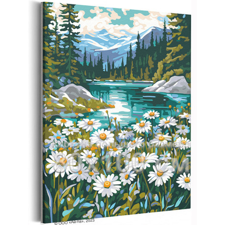 Ромашки на берегу горного озера Пейзаж Природа Цветы Лето Вода 80х100 Раскраска картина по номерам на холсте