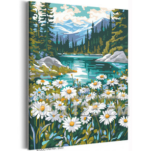 Ромашки на берегу горного озера Пейзаж Природа Цветы Лето Вода 100х125 Раскраска картина по номерам на холсте