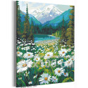 Ромашки и горное озеро Пейзаж Природа Цветы Лето Вода 80х100 Раскраска картина по номерам на холсте