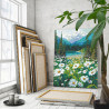 Ромашки и горное озеро Пейзаж Природа Цветы Лето Вода 100х125 Раскраска картина по номерам на холсте