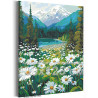 Ромашки и горное озеро Пейзаж Природа Цветы Лето Вода 100х125 Раскраска картина по номерам на холсте