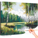 Пейзаж с березами у реки Природа Лето Лес Вода Раскраска картина по номерам на холсте