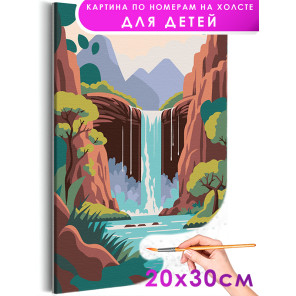 Водопад на фоне гор Природа Пейзаж Вода Река Лето Маленькая Раскраска картина по номерам на холсте