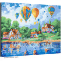 Воздушные шары над рекой Пейзаж Дома Лето Природа 100х125 Раскраска картина по номерам на холсте
