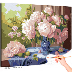 Нежные пионы в синей вазе Цветы Натюрморт Лето Интерьерная Раскраска картина по номерам на холсте