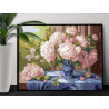 Нежные пионы в синей вазе Цветы Натюрморт Лето Интерьерная 100х125 Раскраска картина по номерам на холсте