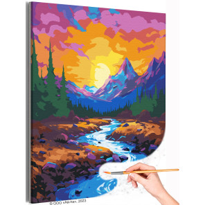 Красочный закат в горах Река Природа Пейзаж Горы Лето Раскраска картина по номерам на холсте