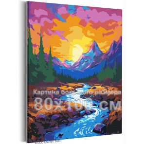 Красочный закат в горах Река Природа Пейзаж Горы Лето 80х100 Раскраска картина по номерам на холсте