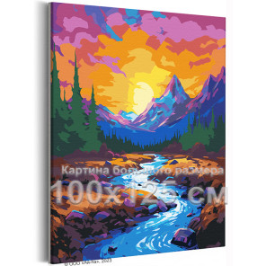 Красочный закат в горах Река Природа Пейзаж Горы Лето 100х125 Раскраска картина по номерам на холсте