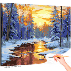 Закат над рекой в зимнем лесу Природа Пейзаж Зима Раскраска картина по номерам на холсте
