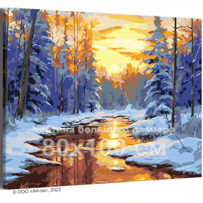Закат над рекой в зимнем лесу Природа Пейзаж Зима 80х100 Раскраска картина по номерам на холсте
