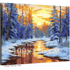 Закат над рекой в зимнем лесу Природа Пейзаж Зима 100х125 Раскраска картина по номерам на холсте