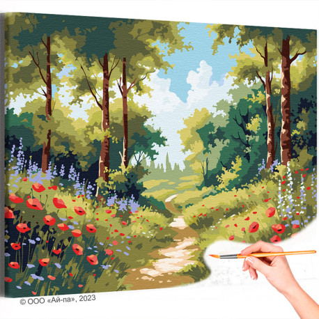 Цветы вдоль лесной дороги Природа Пейзаж Маки Лето Интерьерная Раскраска картина по номерам на холсте