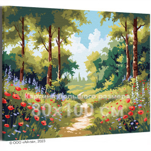 Цветы вдоль лесной дороги Природа Пейзаж Маки Лето Интерьерная 80х100 Раскраска картина по номерам на холсте