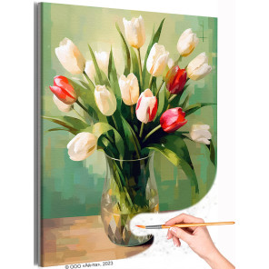 Тюльпаны в хрустальной вазе Цветы Натюрморты Букет Интерьерная Раскраска картина по номерам на холсте