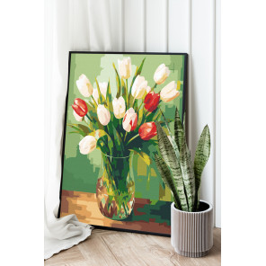 Тюльпаны в хрустальной вазе Цветы Натюрморты Букет Интерьерная 100х125 Раскраска картина по номерам на холсте