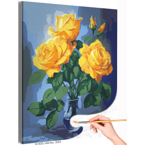 Желтые розы в вазе Букет Цветы Раскраска картина по номерам на холсте