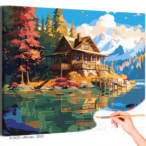 Дом в горах у воды Осень Природа Пейзаж Лес Озеро Раскраска картина по номерам на холсте