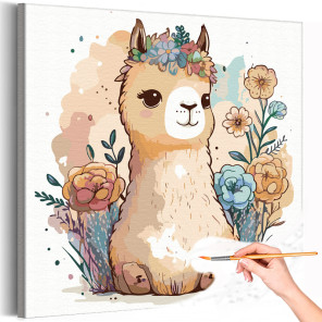 Маленькая лама с цветами Животные Для детей Детская Для девочек Раскраска картина по номерам на холсте